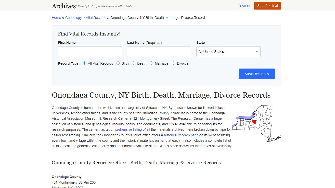 Onondaga County, NY Birth, Death, Marriage, Divorce Records